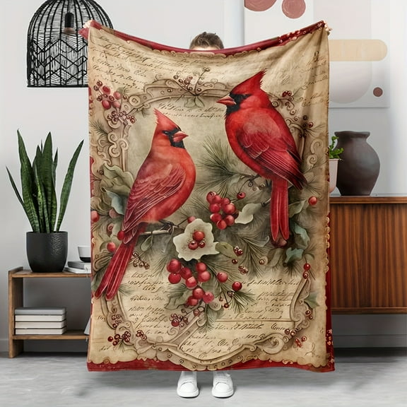 Cozy Glamour Cardinal Birds & Holly Berries Print Flannel Throw Blanket - Soft, Hypoallergenic, Tear-Resistant, Machine Washable, All-Season Knitted Polyester Bedding for Sofa, Bed