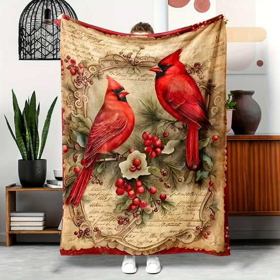 Cozy Glamour Cardinal Birds & Holly Berries Print Flannel Throw Blanket - Soft, Hypoallergenic, Tear-Resistant, Machine Washable, All-Season Knitted Polyester Bedding for Sofa, Bed, Office