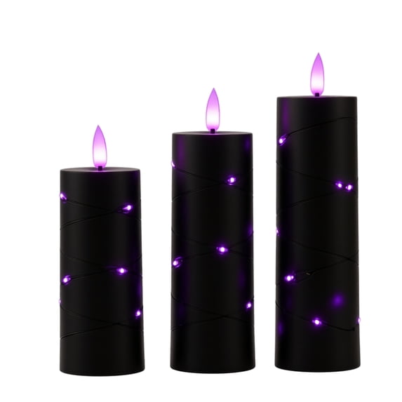 Cozy Glow Flameless Candle Summerween Pillars, Flickering LED Fairy String Lamps For Atmospheric Fireplace Tabletop Display, Purple, 3 Pack