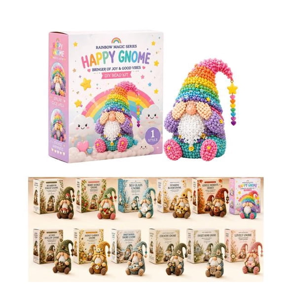 Cozy Gnome DIY Bead Kit Collection – Unique Handmade Figurines for Shelf, Mantel, and Office Display (Happy Gnome)