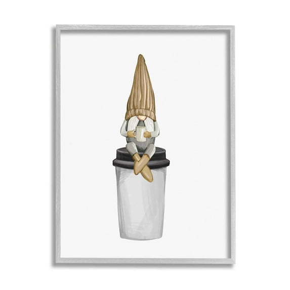 Cozy Gnome Morning Coffee Fairy Tales & Fantasy Graphic Art Gray Framed Art Print Wall Art