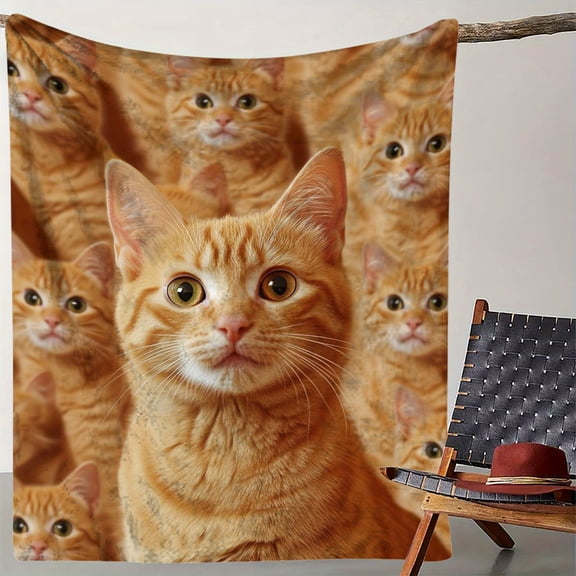 Cozy Golden Yellow Cat Pattern Flannel Throw Blanket - Soft, Warm & Versatile for All Seasons