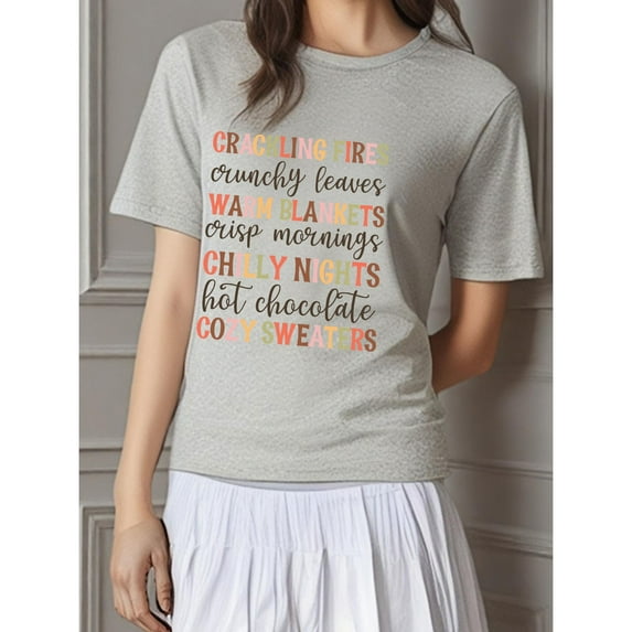 Cozy Graphic T-Shirt Top ,Letter Design Round Neck Fashion Casual Short Sleeve Cotton Shirt Gray S-3XL