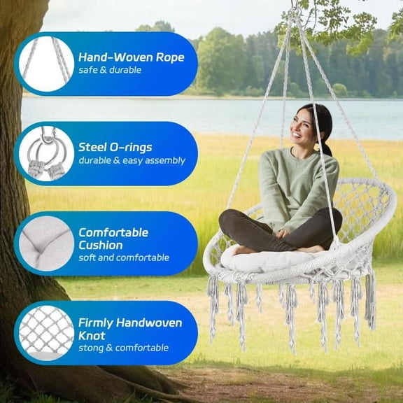 Cozy Gray Boho Hand - Woven Hanging Swing Chair with Plush Cushion! 330 lbs Weight Capacity, 3 Simple Install Methods for Instant Indoor/Outdoor Relaxation - Your Perfect Chill Spot!