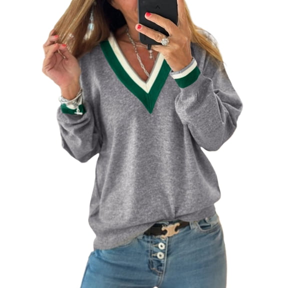 Cozy Gray Contrast Striped Varsity Sweater for Women – Fall Layering Essential | L