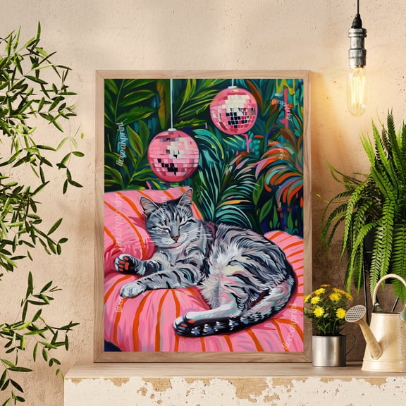 Cozy Gray Tabby Cat Print Disco Ball Wall Art Boho Cat Poster Green Pink Bedroom Decor Eclectic Discocore Gray Cat