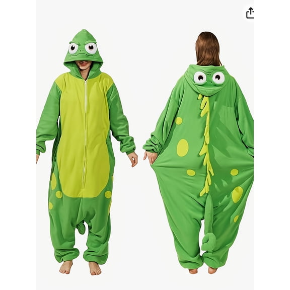 Cozy Green  Hooded Jumpsuit Pajamas for Adults - Soft Polyester, Long Sleeve, Zip-Up Onesie with Playful  Design - Perfect for Role-Play Parties & Casual Home Lounging