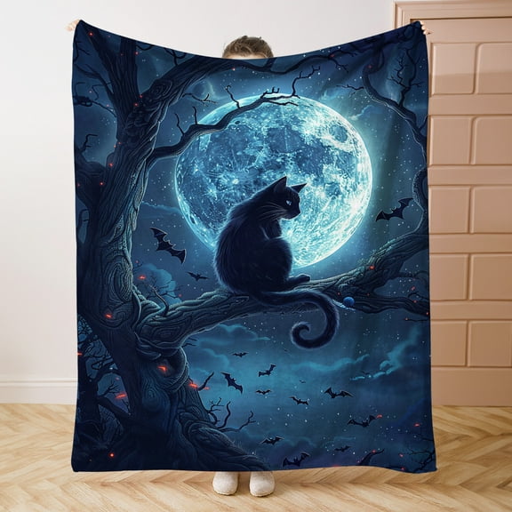 Cozy Halloween Cat Print Flannel Throw Blanket Soft Lightweight & Warm for All Seasons Perfect for Bed Sofa Office Camping & Travel