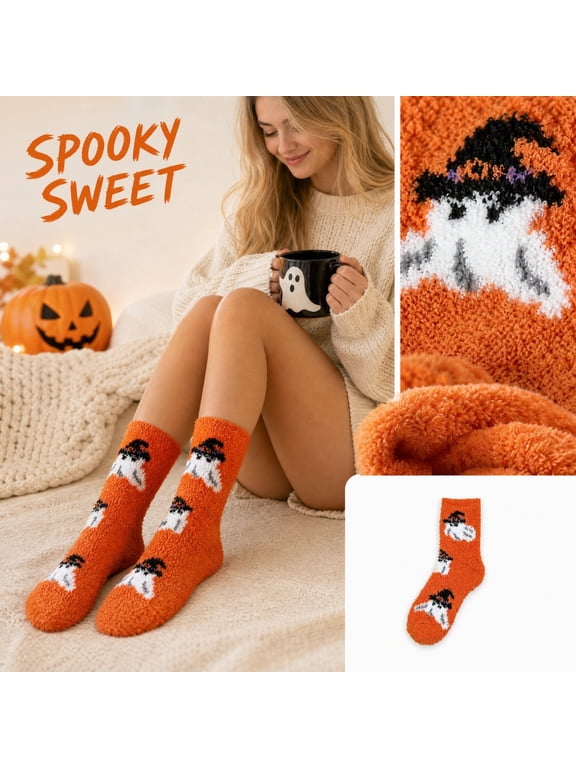 Cozy Halloween Fuzzy Crew Socks, Warm Soft Fluffy Plush Slipper Socks with Cute Ghost Witch Pattern Novelty Autumn Bed Socks Spooky Gift for Teens Women