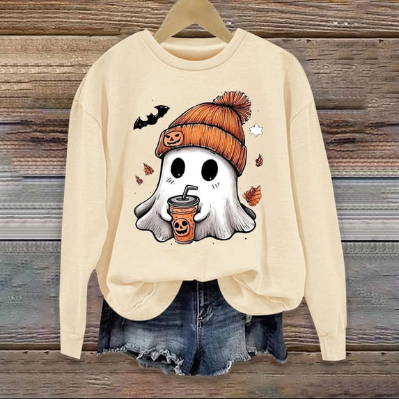 Cozy Halloween Hoodie for Womem Oversized Fall Outfits, Spooky Ghost & Pumpkin Print Pullover, Cute Casual Sweatshirt