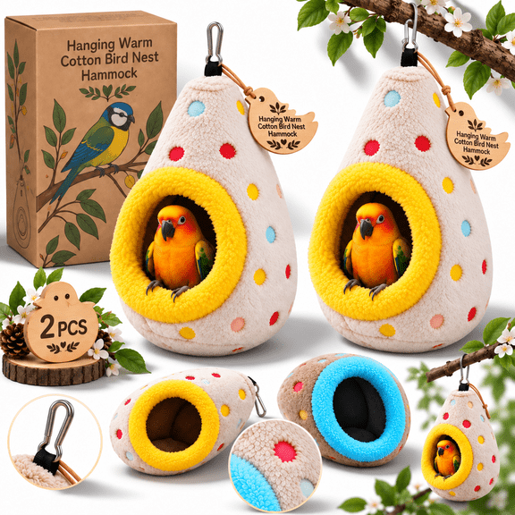 Cozy Hanging Cotton Bird Nest Hammock, Warm Double-Layer Plush Bird Hammock for Cage, Egg-Shaped Parrot Bed with Metal Hook for Budgies, Lovebirds & Finches
