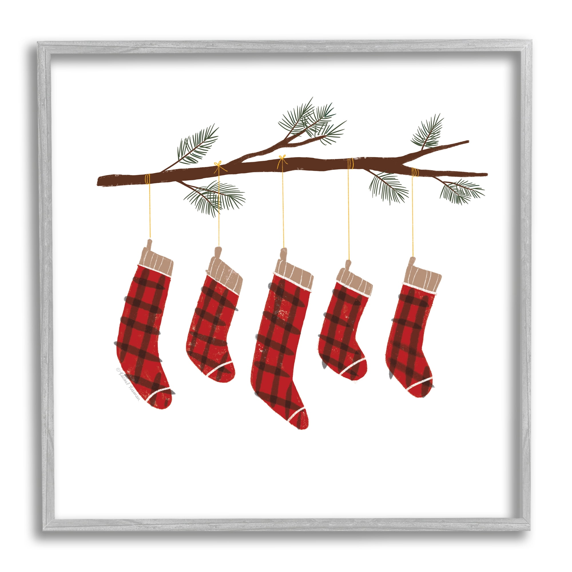 Cozy Hanging Tartan Stockings Winter Tree Branch Botanical & Floral Graphic Art Framed Art Print Wall Art