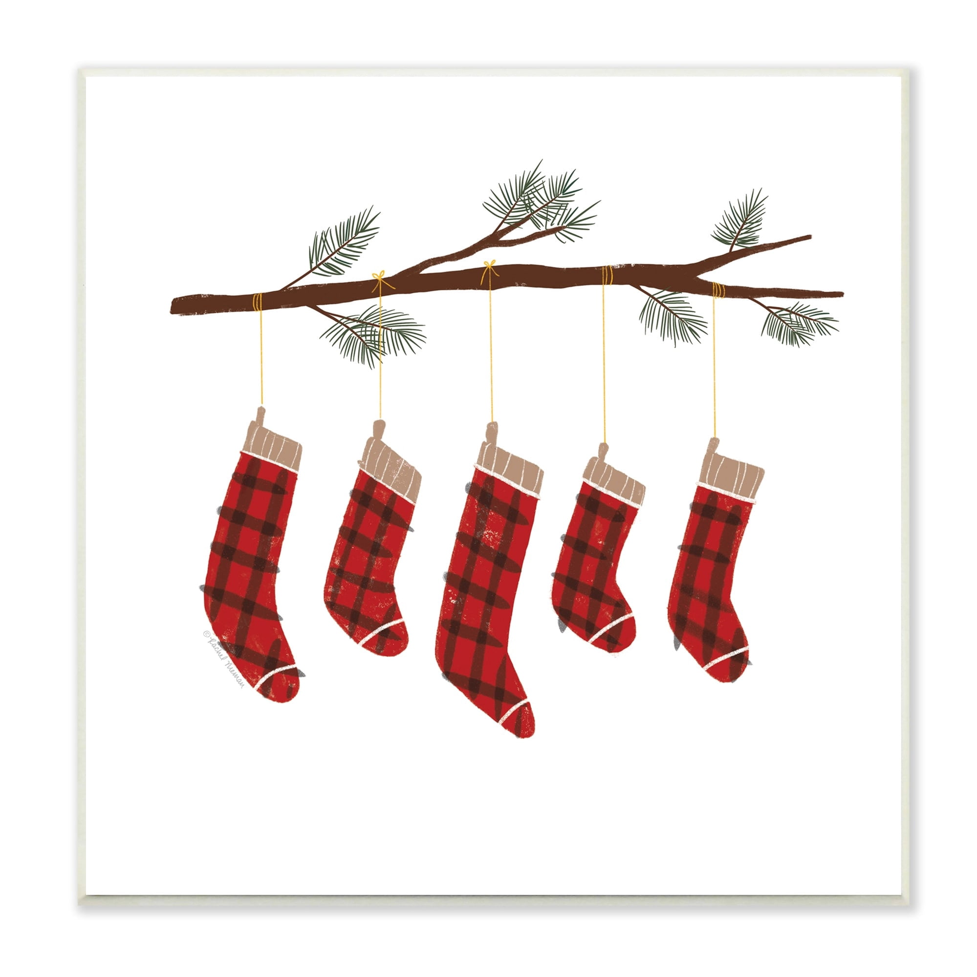 Cozy Hanging Tartan Stockings Winter Tree Branch Botanical & Floral Graphic Art Unframed Art Print Wall Art