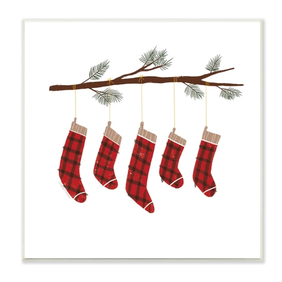 Cozy Hanging Tartan Stockings Winter Tree Branch Botanical & Floral Graphic Art Unframed Art Print Wall Art