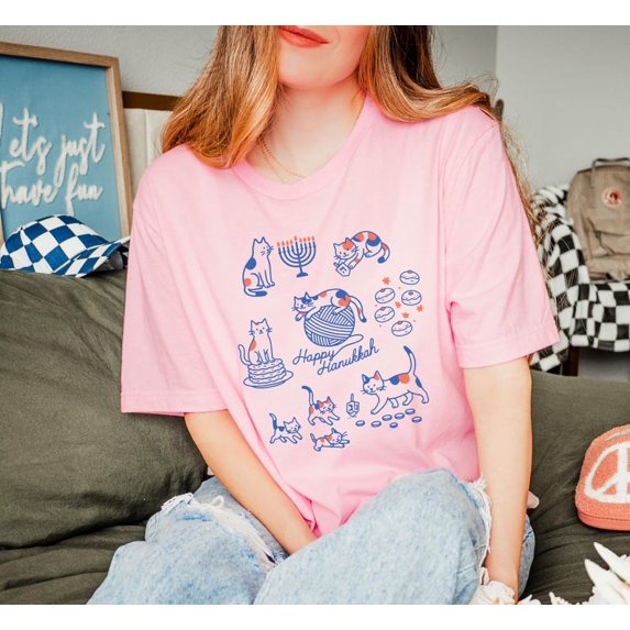 Cozy Hanukkah Cat Shirt, Jewish Cat Mom Graphic Tee with Menorah & Dreidel
