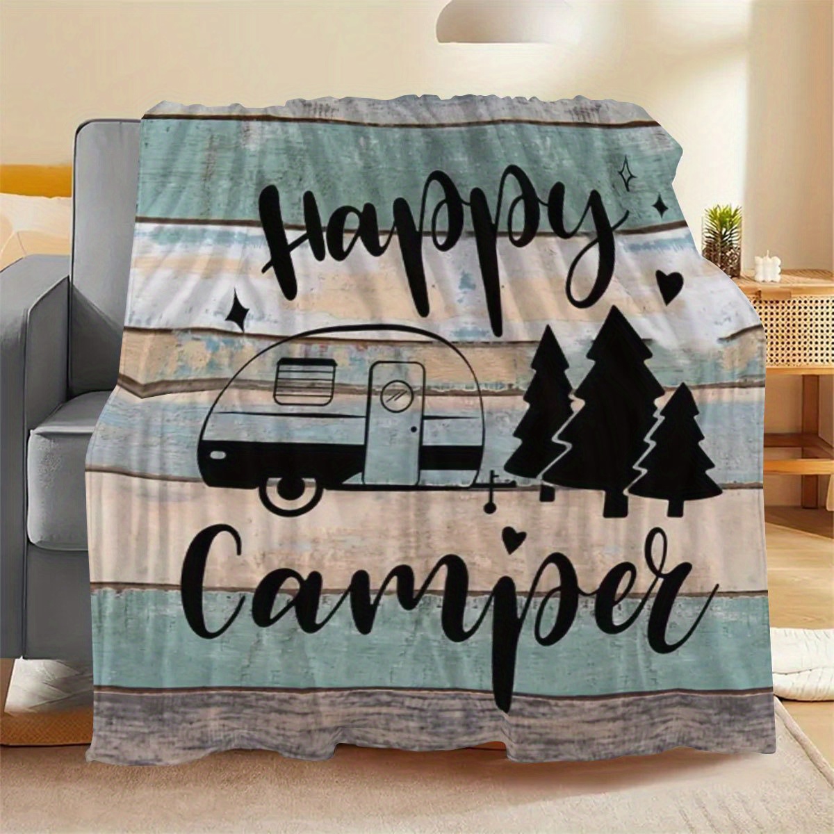 Cozy "Happy Camper" Flannel Throw Blanket Ideal for Sofa Office Bed Chair Travel Lightweight All Season Camping Decor with Vintage Van Pine Tree Design Perfect Gift for Men Women Camping