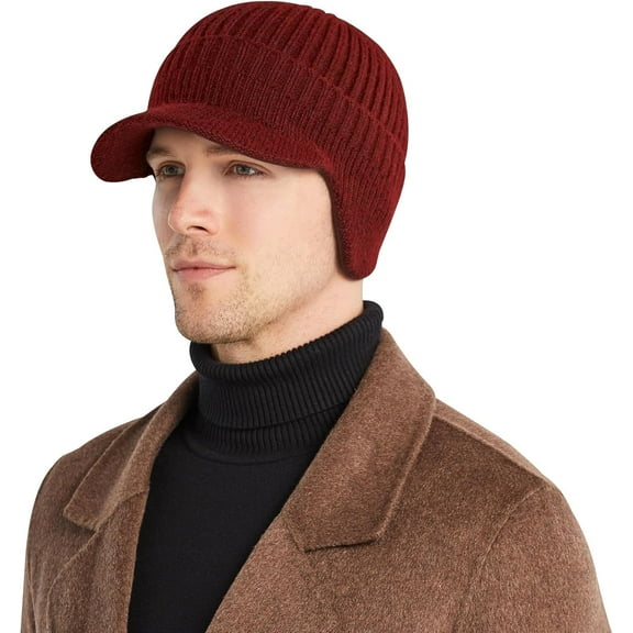 Cozy Head Beanie，2026 New Winter Men's Fleece Lined Knit Hat with Brim and Earflaps