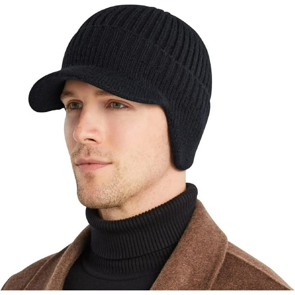 Cozy Head Beanie，2026 New Winter Men's Fleece Lined Knit Hat with Brim and Earflaps
