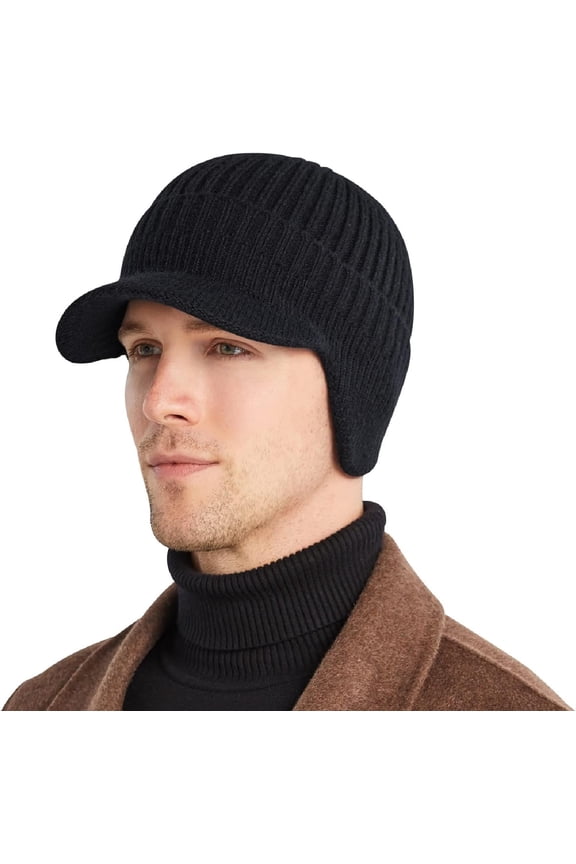 Cozy Head Beanieļ¼2026 New Winter Men's Fleece Lined Knit Hat with Brim and Earflaps