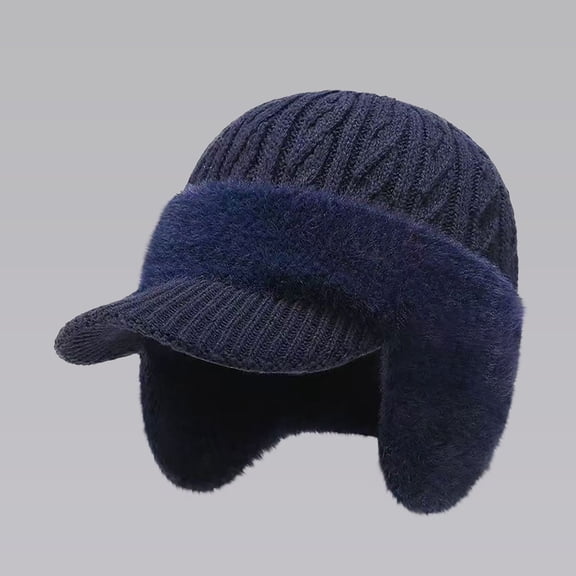 Cozy Head Beanie with Brim and Ear Flaps, Winter Beanie Hat with Brim Ear Flaps, Warm Fleece Lined Knit Hat