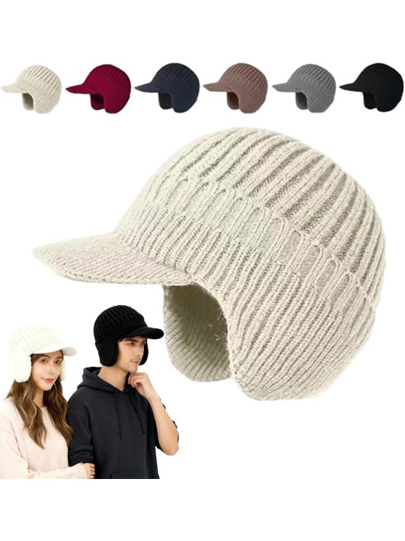 Cozy Head Beanies for Men and Women, Womens Winter Hats with Brim and Ear Flaps, Knitted Beanie Hat Fleece Lining