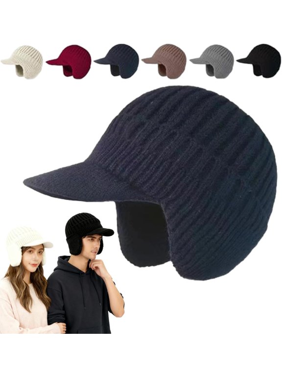 Cozy Head Beanies for Men and Women, Womens Winter Hats with Brim and Ear Flaps, Knitted Beanie Hat Fleece Lining