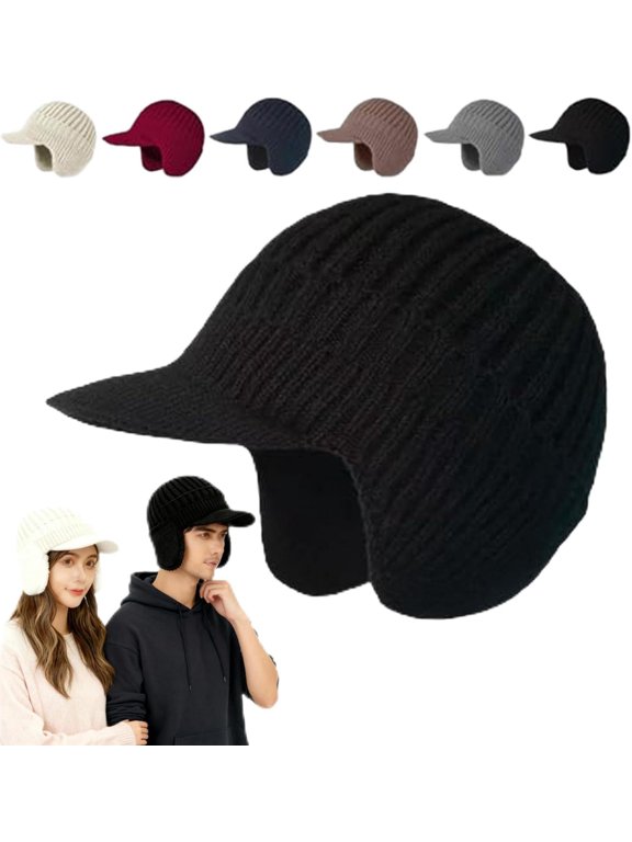 Cozy Head Beanies for Men and Women, Womens Winter Hats with Brim and Ear Flaps, Knitted Beanie Hat Fleece Lining