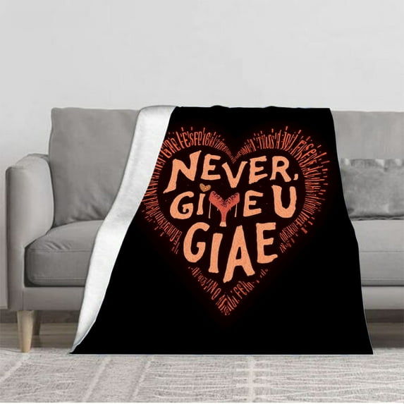 Cozy Heart - Shaped Flannel Blanket - Soft Warm and Durable for Sofa Travel Bed & Chair - Bold Orange ' NEVER GIVE UP ' Design