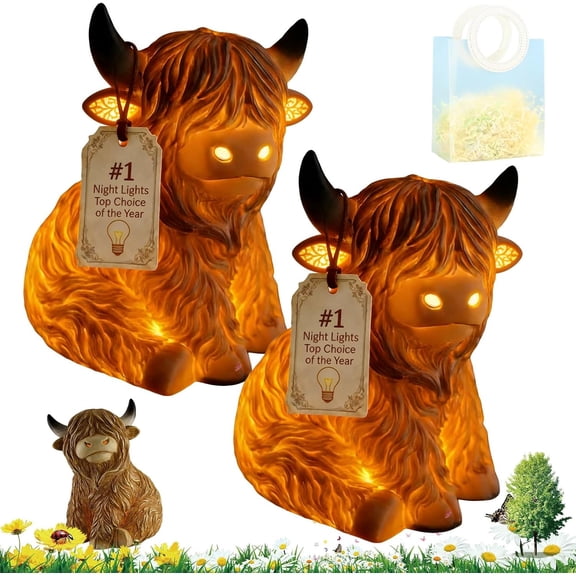 The Cozy Highland Glow: Highland Cattle Lamp, 8in Cow Accent Light, Decorative Table Lamps Night Lights, Rustic Farmhouse Home Anima Decor Lighting for Bedroom Nursery Living Room Gifts, Shelf & Gift