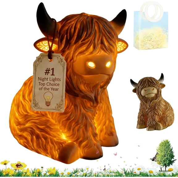 The Cozy Highland Glow: Highland Cattle Lamp, 8in Cow Accent Light, Decorative Table Lamps Night Lights, Rustic Farmhouse Home Anima Decor Lighting for Bedroom Nursery Living Room Gifts, Shelf & Gift