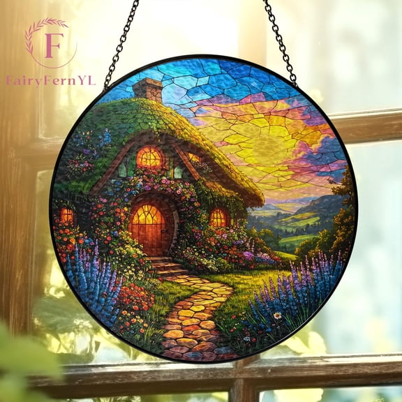 Cozy Hill Cottage Suncatcher, Glass-Effect Fantasy Window Hanging