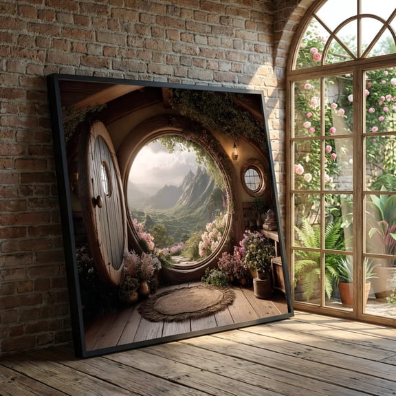 Cozy Hobbit Hole View, Round Door Interior Fantasy Wall Art, Unframed Paper Poster 8x10in