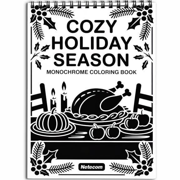 Cozy Holiday Season Monochrome Coloring Book Spiral Bound for Adult, Softcover, Relaxing One-Color Illustrations with Thanksgiving, Winter Scene for Mindfulness, Stress Relief