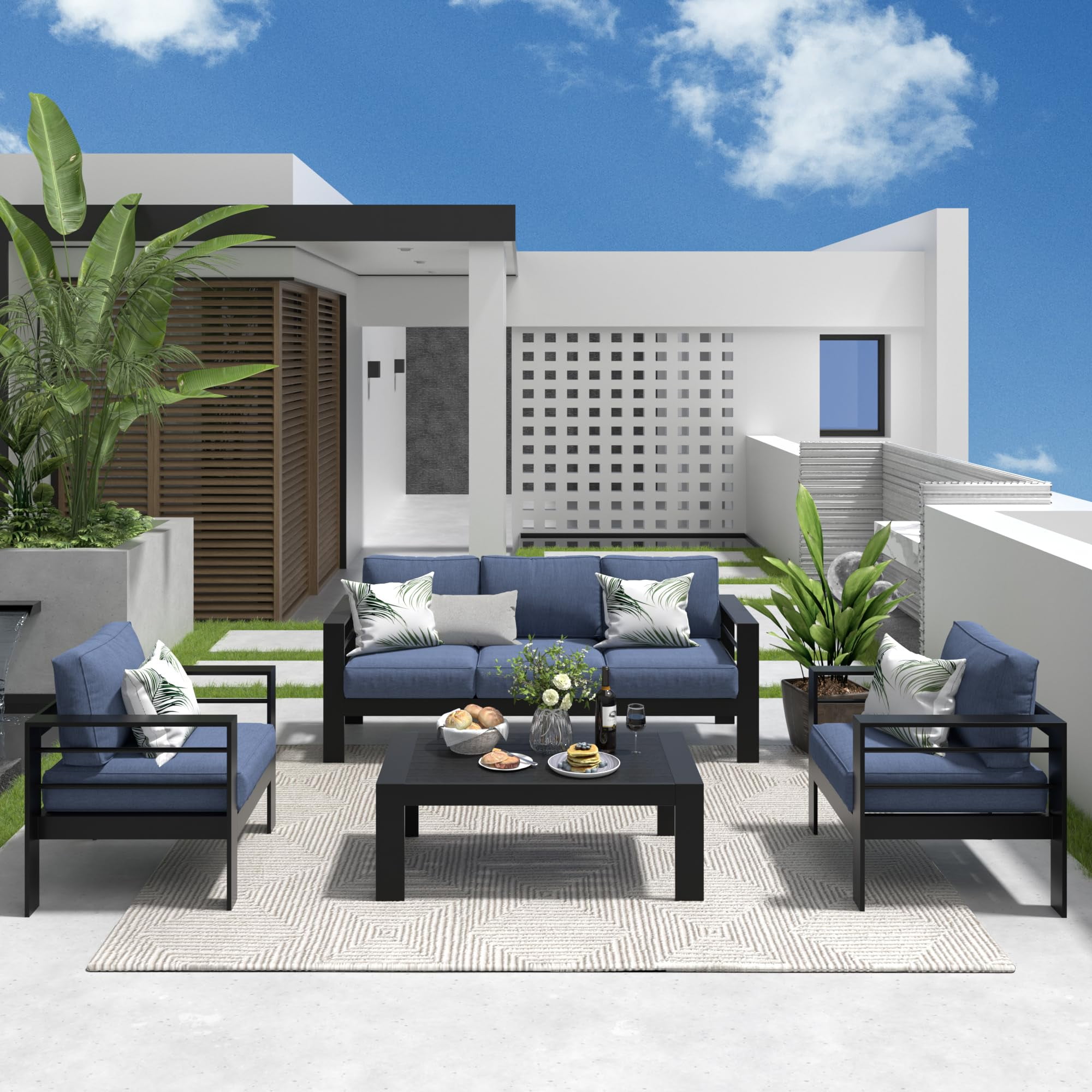 Cozy Home 5-Piece Aluminum Ergonomic Outdoor Conversation Sets with Table and Cushions, Black/Blue
