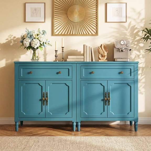 Cozy Home 59.4" Turquoise Blue Sideboard Buffet Cabinet Set of 2, Storage Cabinet with Drawers & Adjustable Shelves, Accent Credenza Cabinet with Metal Handles for Living Room, Dining Room, Entryway