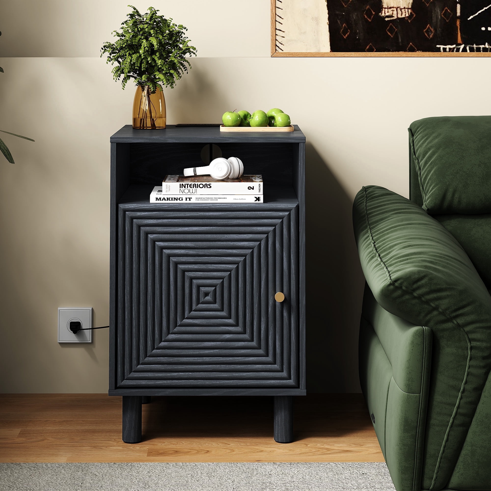 Cozy Home Bedside Table with Charging Station, End Table with Solid Wood Legs and Gold Knobs, Nightstand for Living Room, Bedroom, Entryway, Black