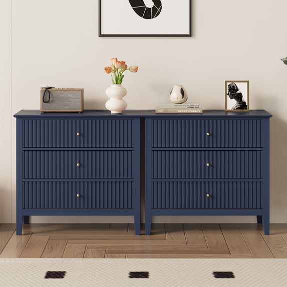 Cozy Home Fluted 3 Drawer Dresser Set of 2, Wooden Chest of Drawers, Modern 3 Drawer Fluted Dresser Cabinet for Bedroom, Living Room, Blue