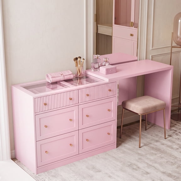 Cozy Home Multi-Functional Makeup Vanity Desk with 6 drawer dressers, Rotatable L Shaped Dressing Table with Remote LED Light for Bedroom, Vanity Table for Working, Studying, Sewing, Nail Care, Pink