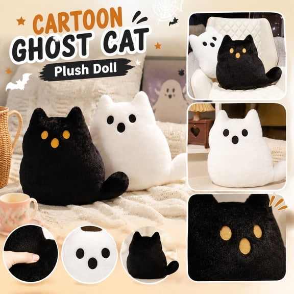 Cozy Home Throw Pillow, Stuffed Cat Plush, Witchy Home Decor, Black Decorative Pillow, 22X20 Inch Fuzzy Adorable Black Ghost Cat Figure Plush Pillow for Cat Lovers Bedroom Dorm