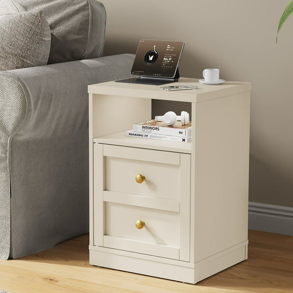 Cozy Home beige Nightstand with Storage Shelf & Door, Faux Drawer Design End Table, Compact Side Table for Bedrooms, Dorm Rooms & Small Spaces, Set of 1