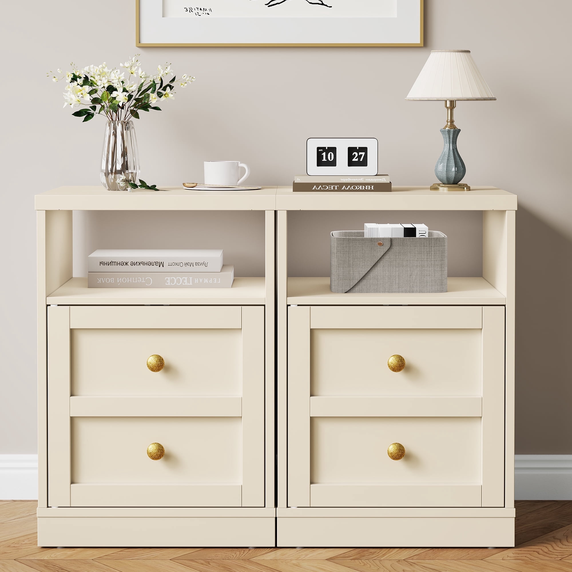 Cozy Home beige Nightstand with Storage Shelf & Door, Faux Drawer Design End Table, Compact Side Table for Bedrooms, Dorm Rooms & Small Spaces, Set of 2
