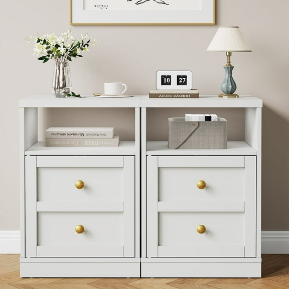Cozy Home white Nightstand with Storage Shelf & Door, Faux Drawer Design End Table, Compact Side Table for Bedrooms, Dorm Rooms & Small Spaces, Set of 2