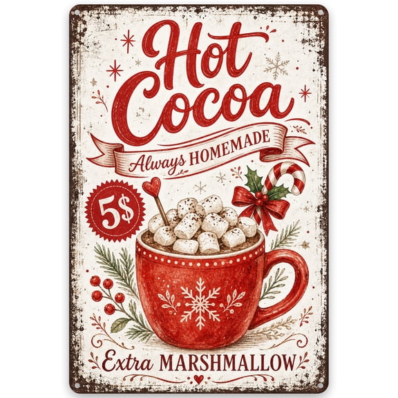 Cozy Hot Cocoa Metal Sign Wall Decor 8x12 Inch - Vintage Style for Home Decor with Winter Holiday Theme, Perfect Rustic Iron Art for Indoor/Outdoor Use - Easy Hanging Pre-Drilled Holes