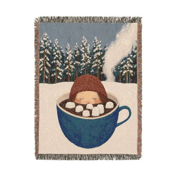 Cozy Hot Cocoa Snowy Forest Blue and Brown Woven Blanket, 100% Cotton, Whimsical Winter Home Decor