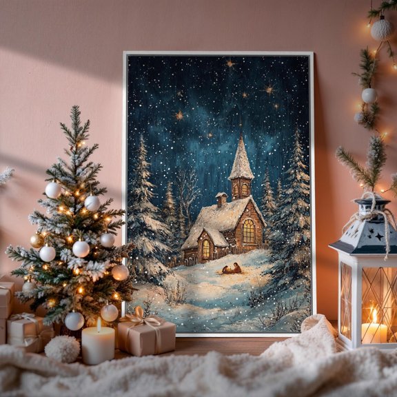 Cozy House In Snowy Forest Poster Winter Starry Night Wall Art Evergreen Trees Poster Decor Ready To Hang, Stretched Canvas Size 16x24