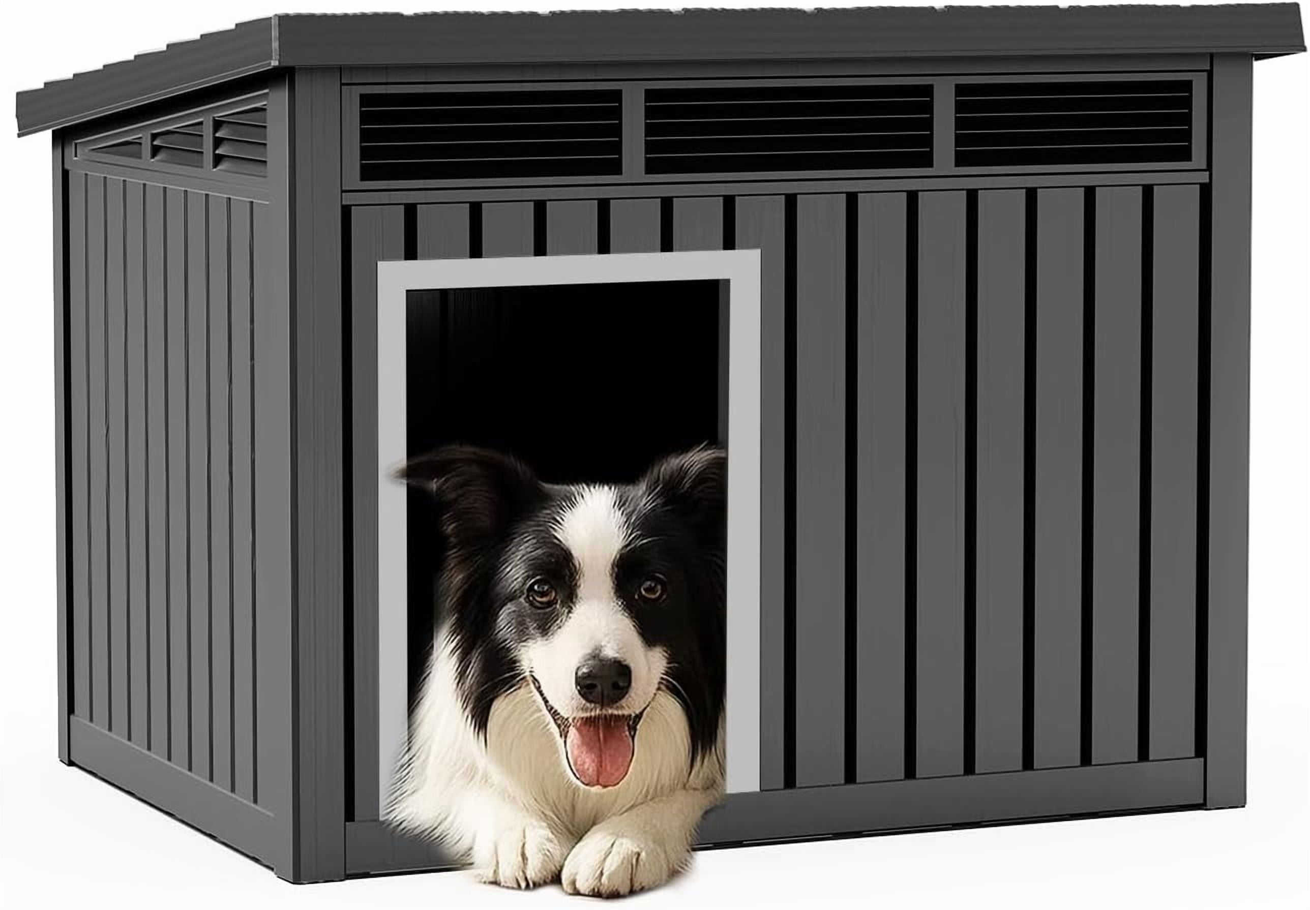 View of Ventilated Slanted Roof Dog House, Medium Size Grey Kennel with 3 Air ...