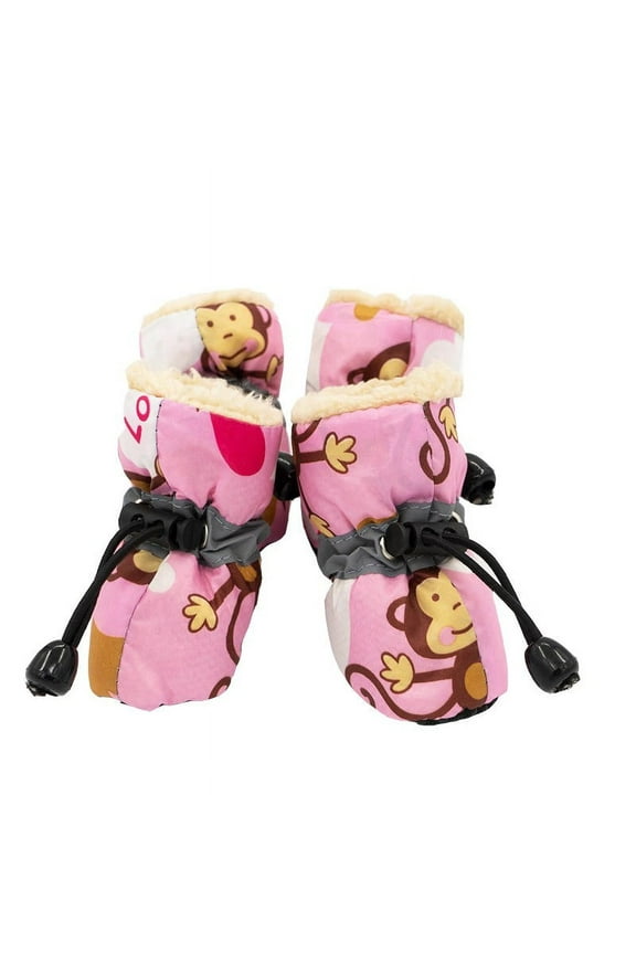 Cozy Infant Winter Booties with Cute Monkey Design, Soft Fleece Lining, Adjustable Fit, Non-Slip Sole, Pink 6-12M