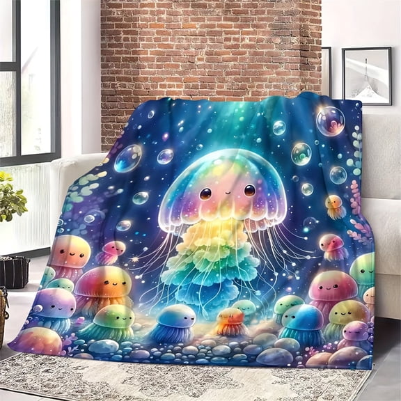 Cozy Jellyfish and Sea Friends Flannel Throw Blanket Soft Knitted Contemporary Style Blanket for Home Office and Outdoor Camping All Seasons Unique Underwater Creature Pattern Wrap