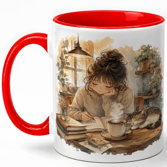 Cozy Journal Coffee Mug, Cat Lover Writing Mug, Bookish Self Care Birthday Christmas Gift for Women, Warm Cafe Desk Books Sleeping Cat Art, 11 oz White Ceramic Coffee Cup