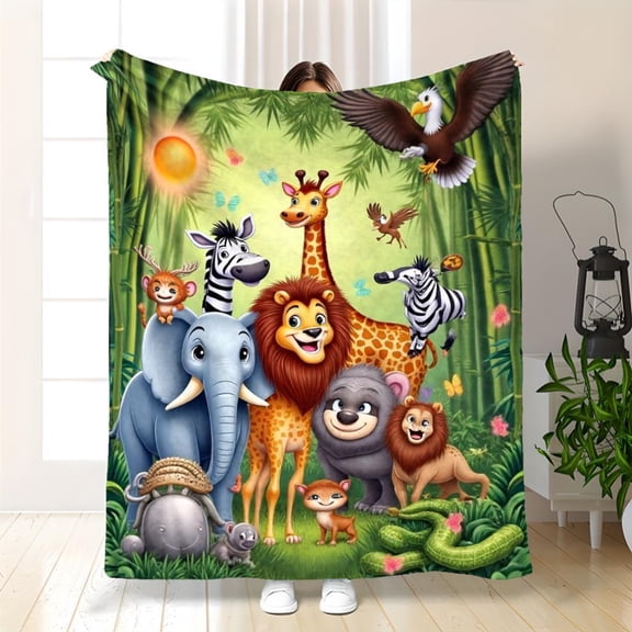 Cozy Jungle Animal Print Flannel Throw Blanket - Soft Warm Bedspread Suitable for Bed, Couch, ' Room & - Elephant Lion Giraffe Hippo Animal Designs - All-Season Comfort 280gsm